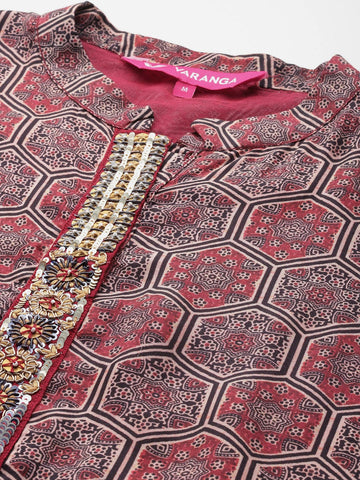 Maroon Placket Embroidered A-Line Kurta Paired With Tonal Solid Bottom